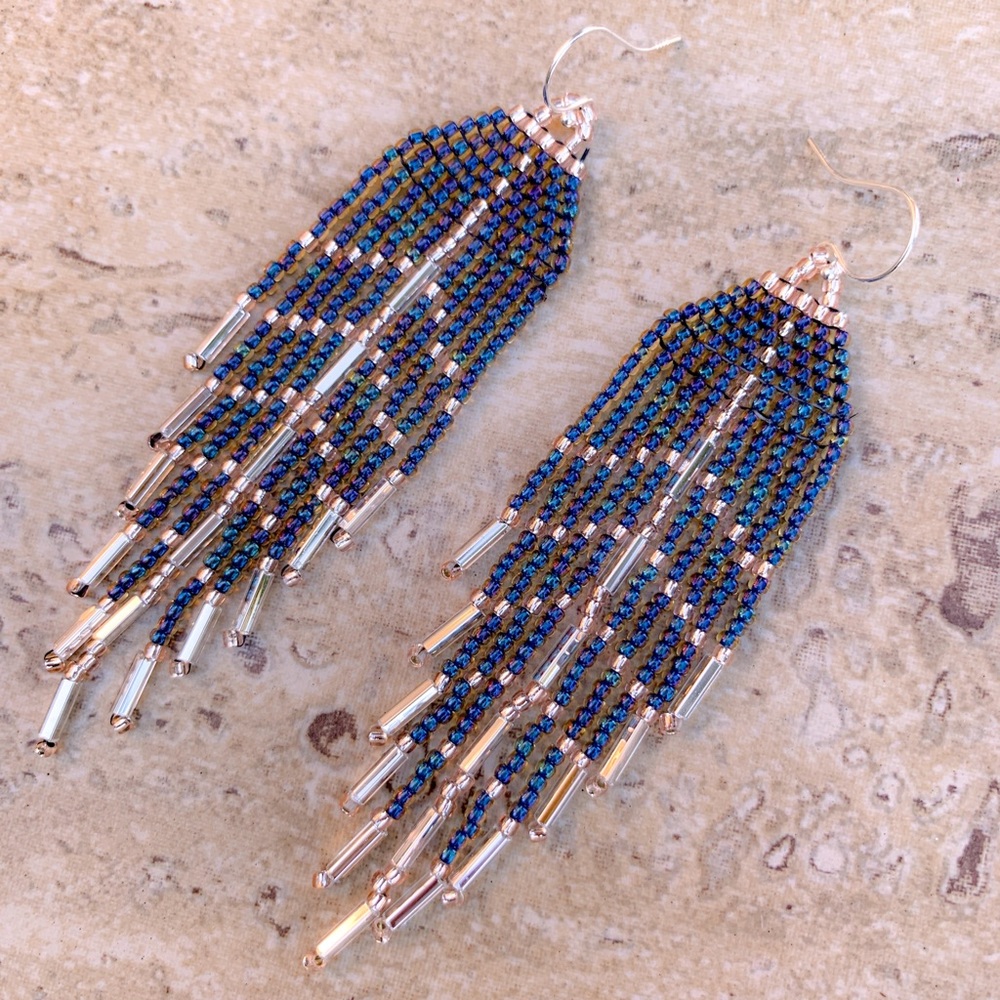 GORGEOUS beaded fringe earrings. Blue / silver feather shaped - one of a kind.